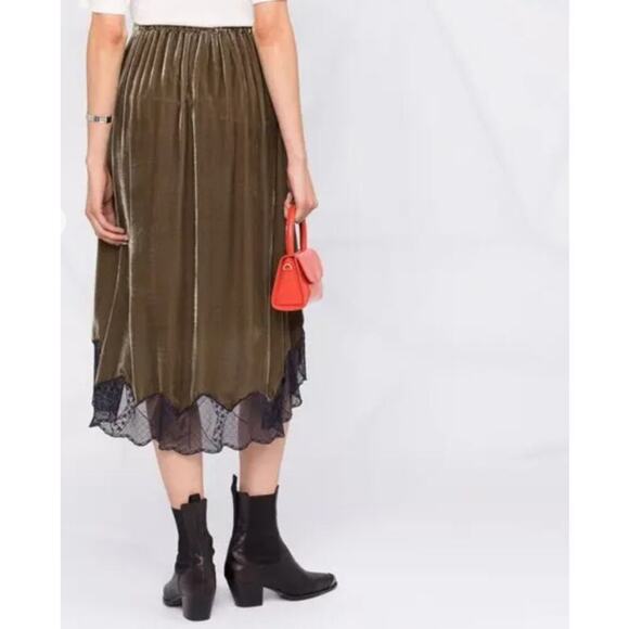 Zadig & Voltaire Joslin Velvet Midi Skirt Brown Green High Low Lace Trim Size 40 - Picture 2 of 15